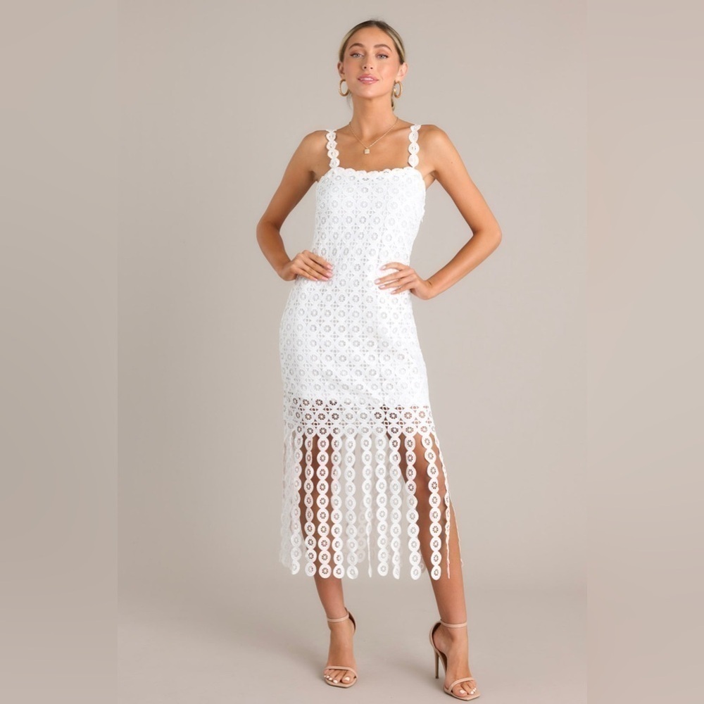 New York & Company Just Me Square Neck Circle Lace White Fringe Dress - Picture 13 of 15